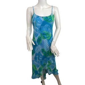 Women’s MIDI Dress 8 Spaghetti Straps High Low Ruffled Hem Blue Green Palm Trees